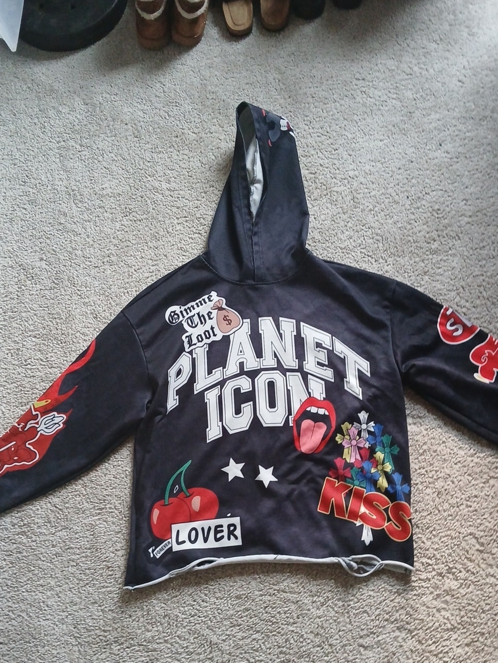 Planet Icon Graphic Black Kids Hoodie with Colorful Prints